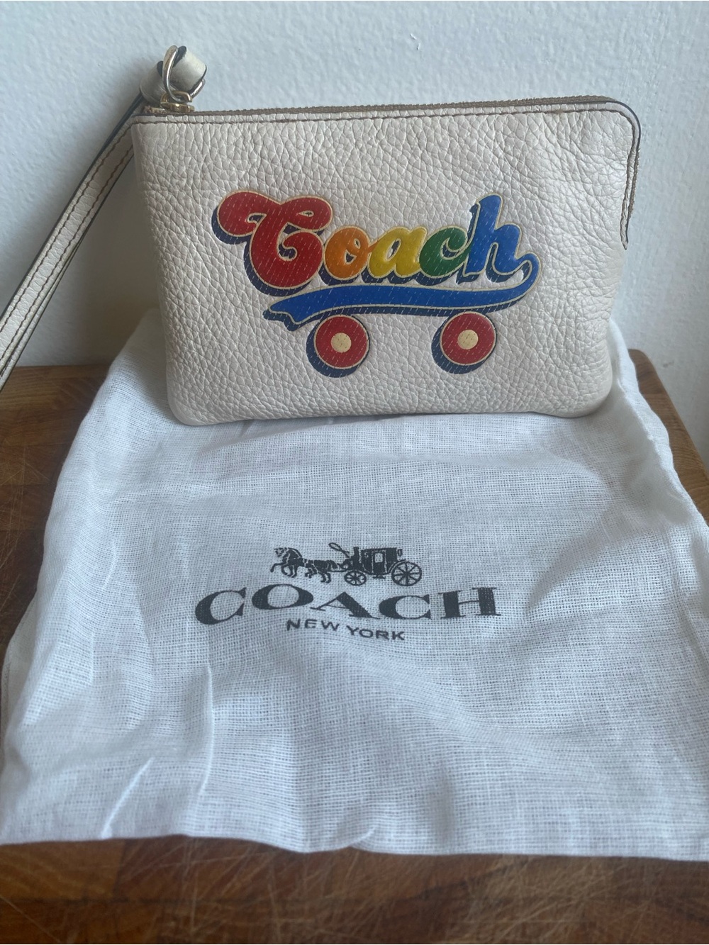 Coach Cream Leather Wristlet with Rainbow Logo